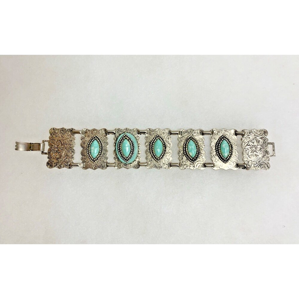 Vintage Southwestern Western Panel Bracelet with Turquoise Color Cabochons